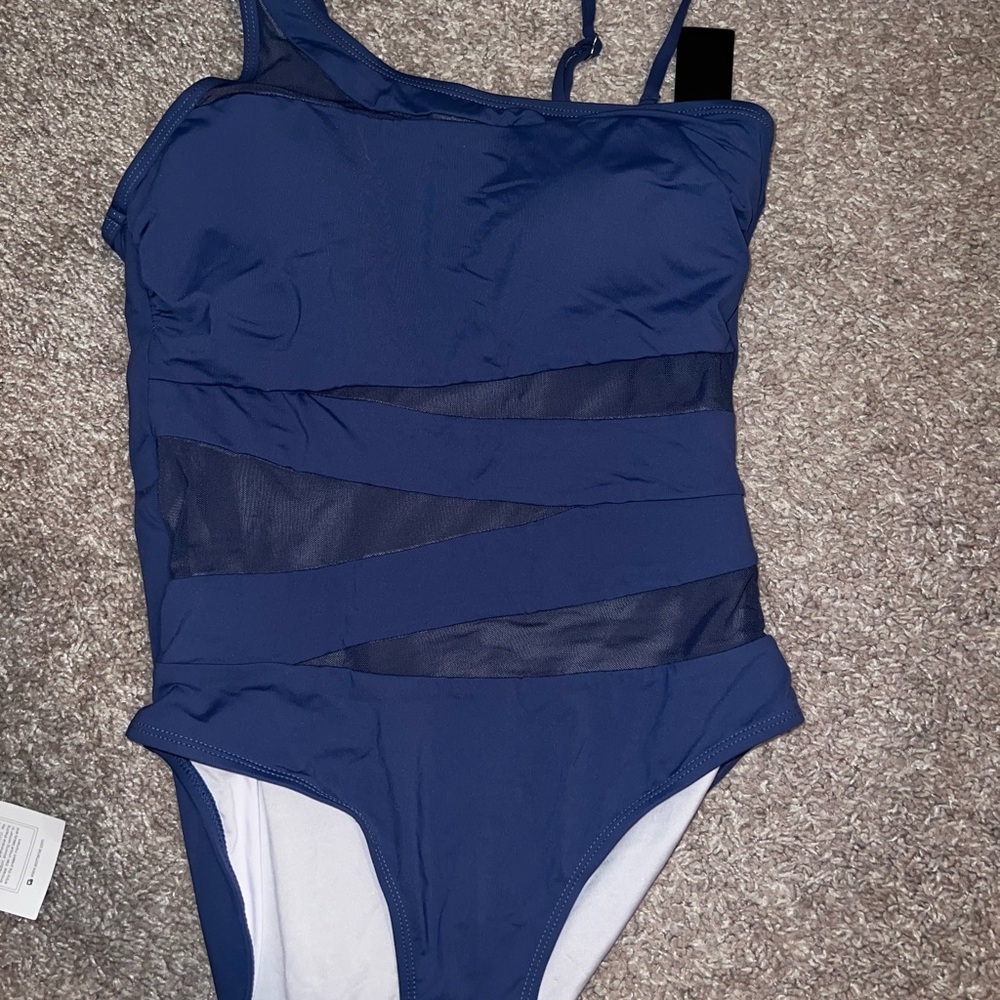 Navy Blue One-Piece Swimsuit with Mesh Panels